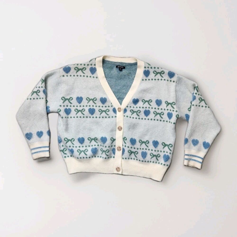 Girlish Heart Bow Cardigan Sweater Blue Cream Button Up Soft Knit Womens XL GUC